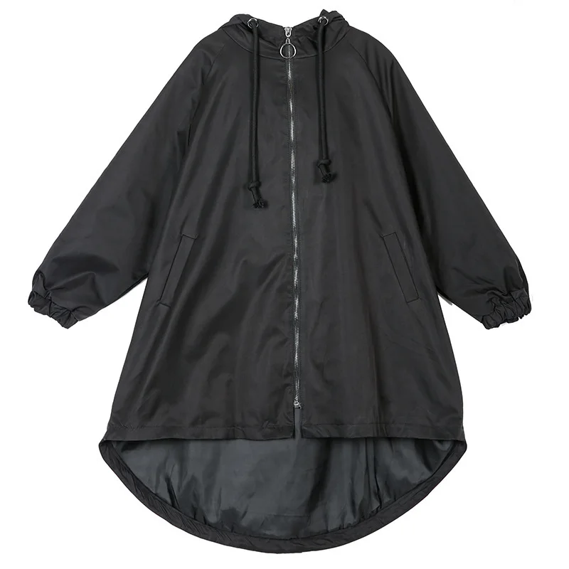 Manteau Tranchée Vert noir Capuche Lâche Cardigan Marque Coupe Hip vent Ourlet Noir vert Automne Asymétrique À Hop Marée 1072 qZWawzvBn8
