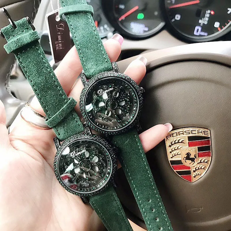 

Top Quality Luxury lady Crystal Rotation watch Women Dress Watch Fashion Plush Genuine Leather Watches Green Female Wristwatches