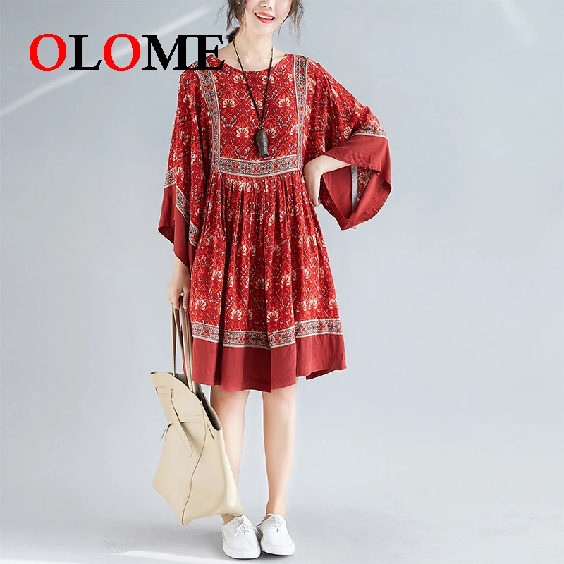 

Women over size dresses Female large size loose round neck big bat sleeve red Skirts Girls Retro national style Clothing 288