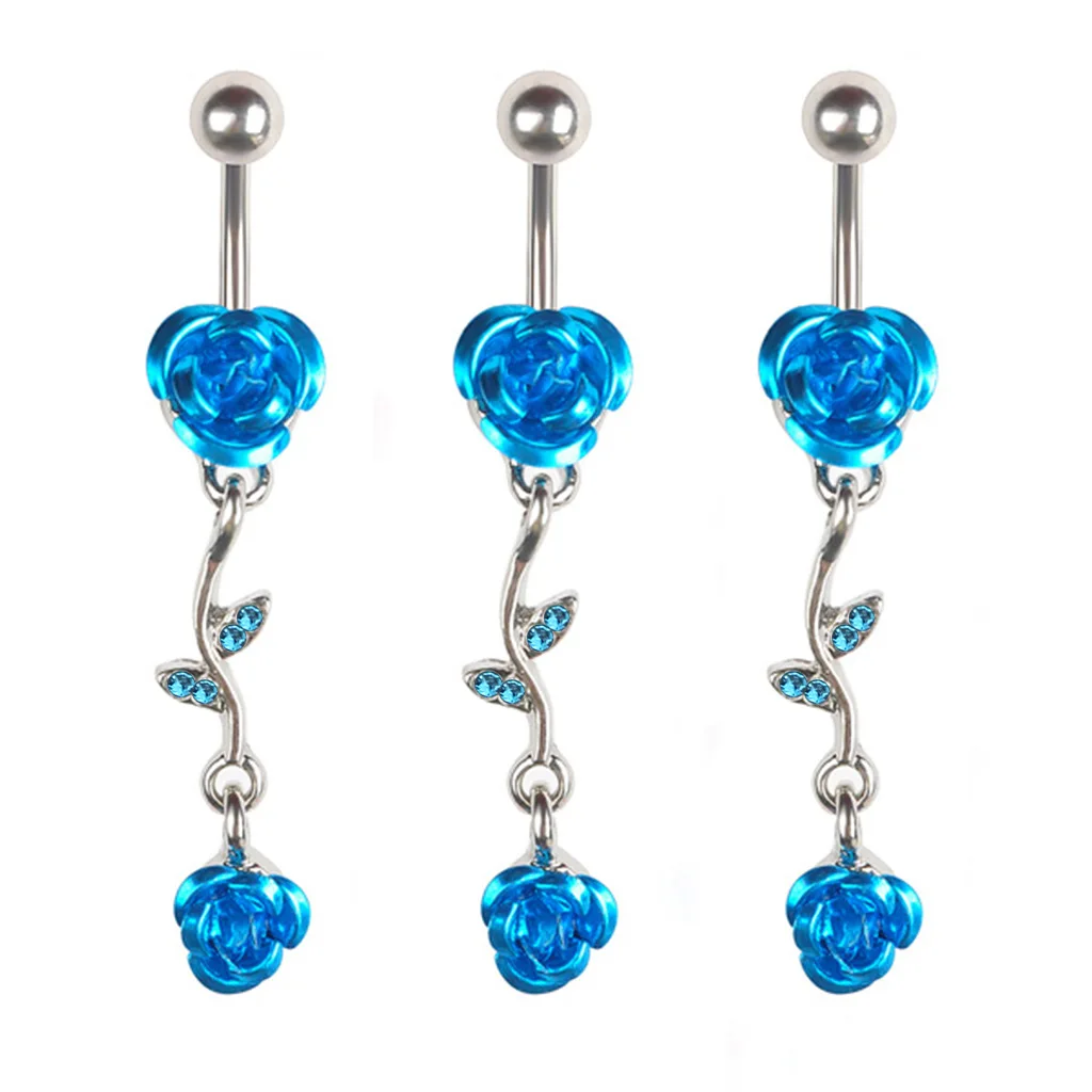 1pc New Blue Rose Dangle Belly Button Rings Surgical Steel Women Sexy 