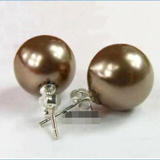 

Wholesale FREE SHIPPING DD Charming south sea Chocolate shell pearl silver Stud earrings 10mm A0422