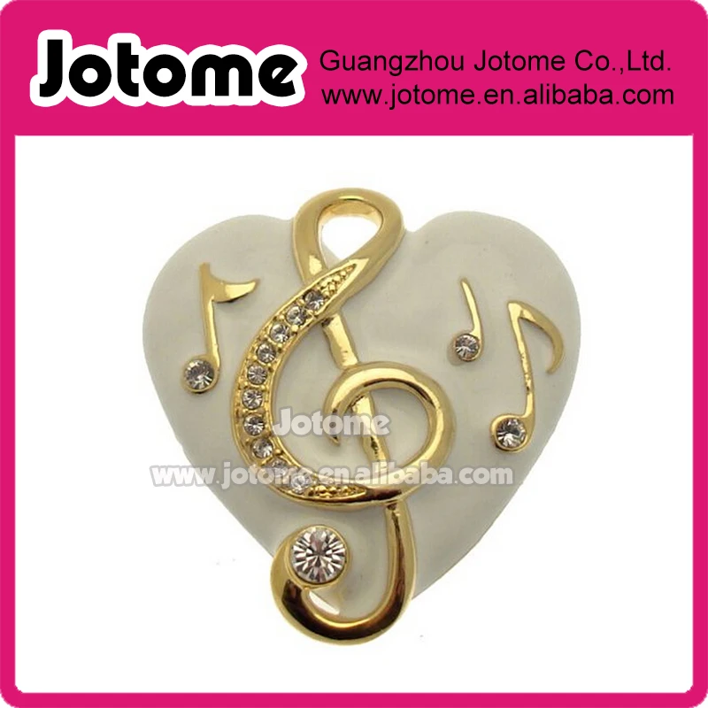 

White Enamel & Crystal Music Note & Clef Heart Brooch