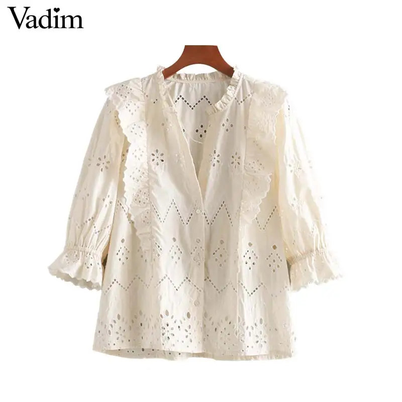 

Vadim women sweet solid V neck ruffles blouse three quarter sleeve hollow out design female stylish cute chic tops blusas LB218