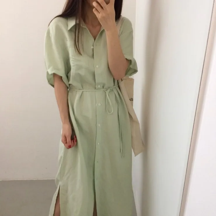 Женское летнее длинное платье-рубашка, прямое однобортное платье Vestidos с поясом, зеленое повседневное свободное платье размера плюс, Femme Sukienki