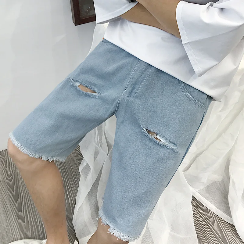 

New Fashion Leisure Mens Ripped Short Jeans Clothing Summer 93.3% Cotton Shorts Breathable Tearing Denim Shorts Male