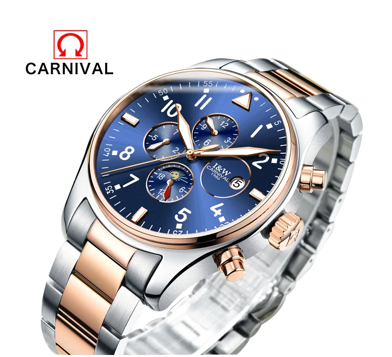 

Carnival Famous Brand Watch Luxury Men Automatic Mechanical Watches Blue Dial Stainless Steel Rose Gold Strap relogio masculino