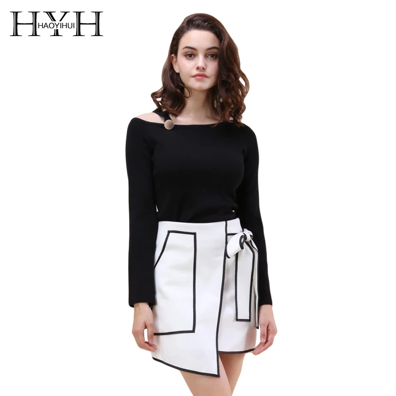 HYH HAOYIHUI Fashion Women Sweater Solid Black Asymmetric O-neck Cold Shoulder Full Sleeve Lady Tops Belt Button Pullovers