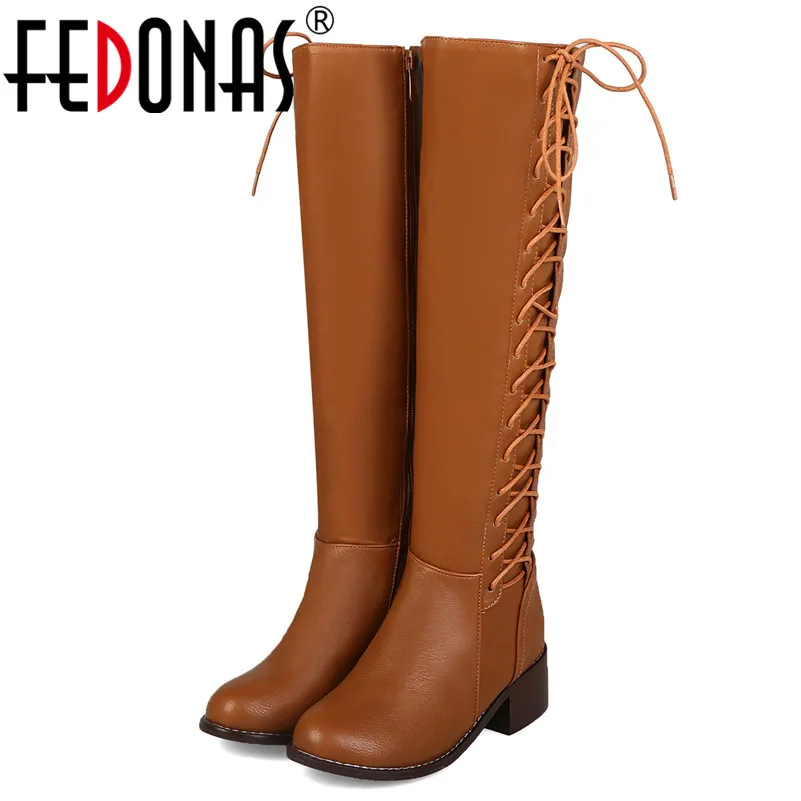 

FEDONAS Brand Women Solid Cross-tied Over The Knee Boots Autumn Winter Fashion PU Leather Euro Style Party Shoes Woman Big Size