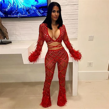 

Newest Summer Celebrity Party Bandage Jumpsuit Women Red Long Sleeve V-Neck 2 Two Piece Set Sexy Night Out Runway Women Jumpsuit