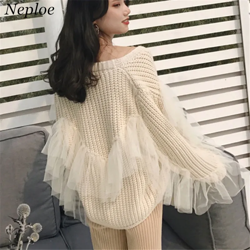 

Neploe Mesh Patchwork Women Cardigan Slash Neck Solid Open Stich 2019 New Auttum Fashion Casual Loose Elegant Chic Sweater 68634