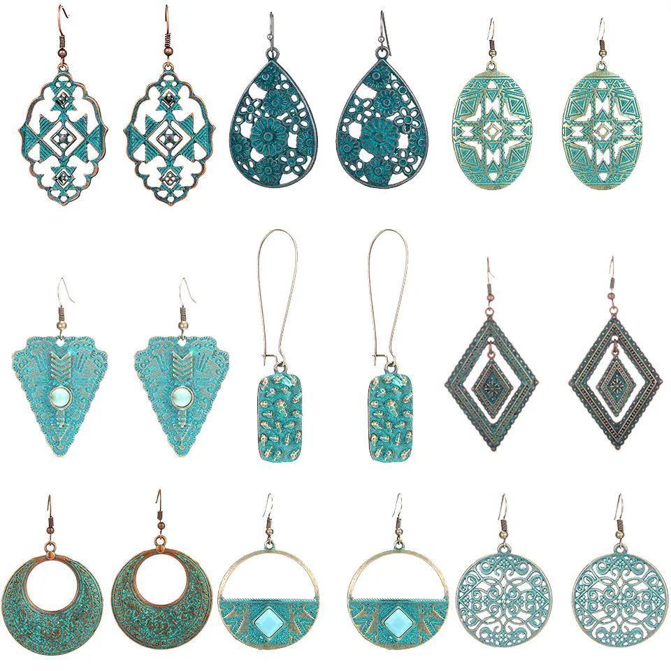 

Retro ethnic bronze green water drop earrings female Bohemian hollow flowers geometric dangle earrings for women earings jewelry