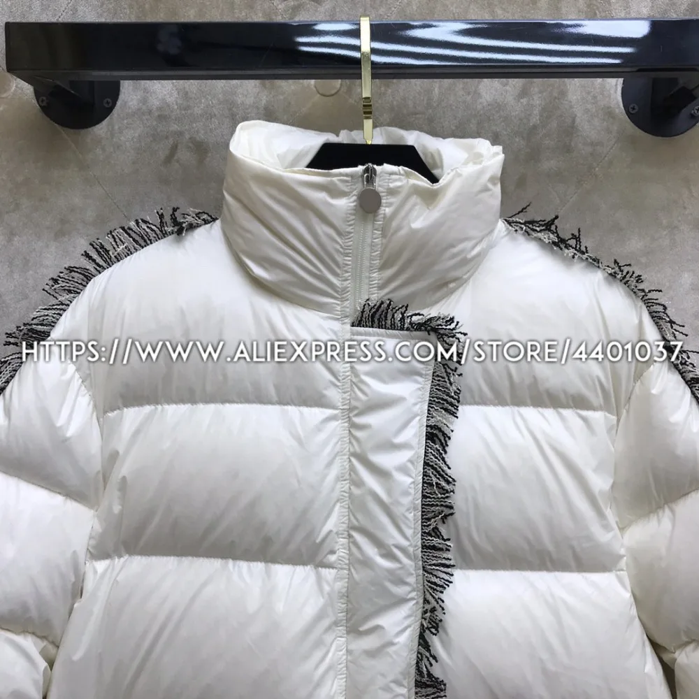 Down Jacket Coat Women 2018 Fall Winter White and Black Puffer Jacket Long Bubble Coat with Tweed Tassels Decorated Edge