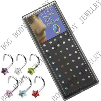 

BOG-40piece Steel Screw Nose Studs Piercing Ring With Prong Set 3mm Heart Shape CZ Gem Crystal 20G -6 Colors Mixed