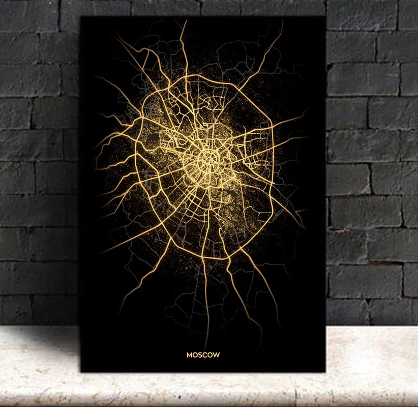 Moscow,Modern City Gold Map Poster Canvas Art Print Home Room Decor