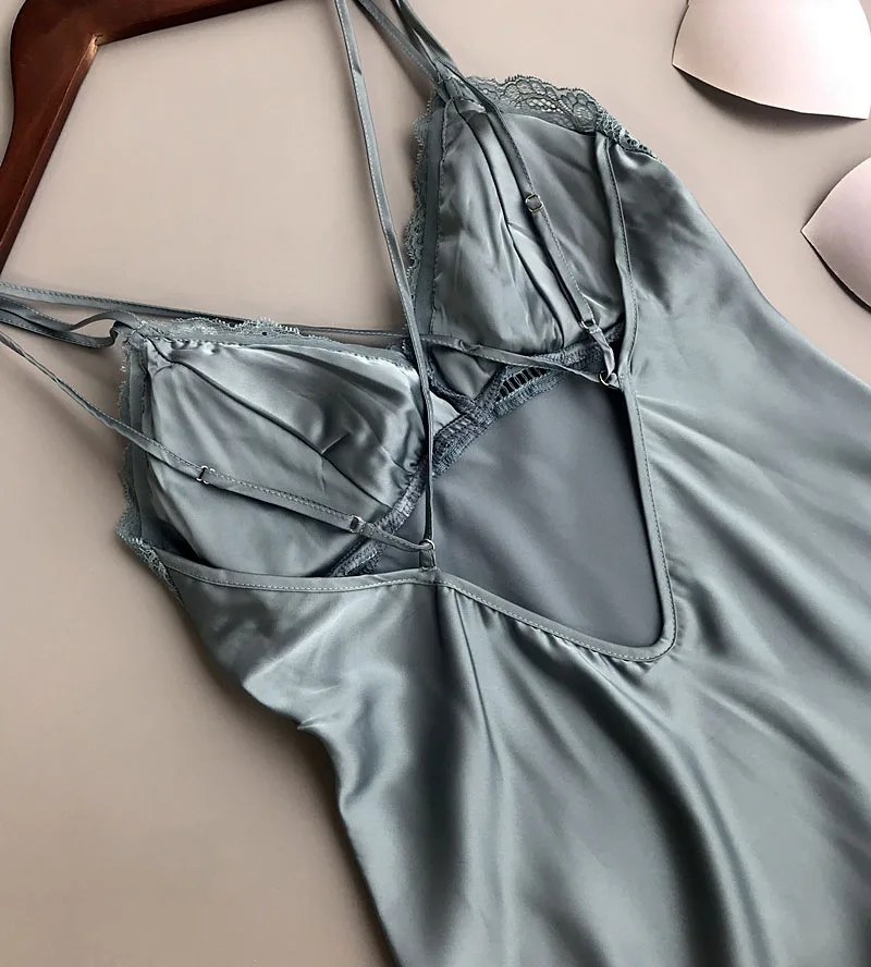 Night Woman Nightgown Night Dress Sleepwear Silk Satin Nightie Summer Night Gown Lingerie Femme Sleeveless V-neck Nightwear   7