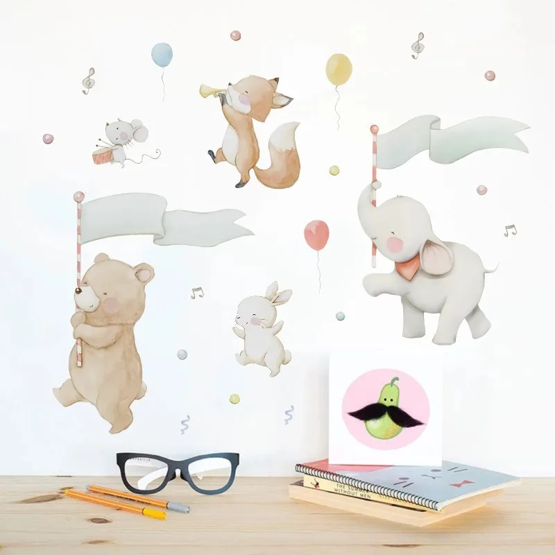 

Bear Elephant Rabbit Playing Musical Instruments Wall Sticker Cartoon Animal Art Decal for Kids Room Bedroom Home Decor TSB90013