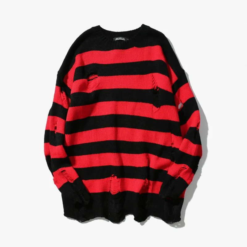 ^Cheap Zogaa Black Red Striped Hole Knit Sweaters Autumn Winter Sweater Loose Long Paragraph Oversized Men Women All-match Clothing