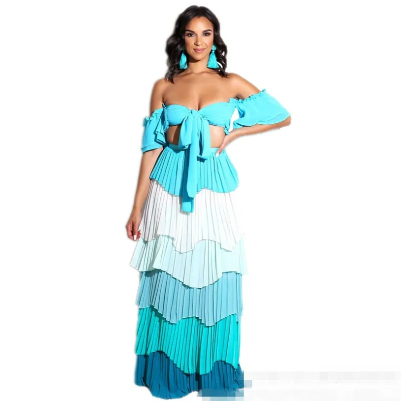 

YSMARKET 3 Color Two Piece Set Hot Sexy Off Shoulder Short Top And Pleated Ruffle Long Maxi Skirts Set Boho Style Beachwear