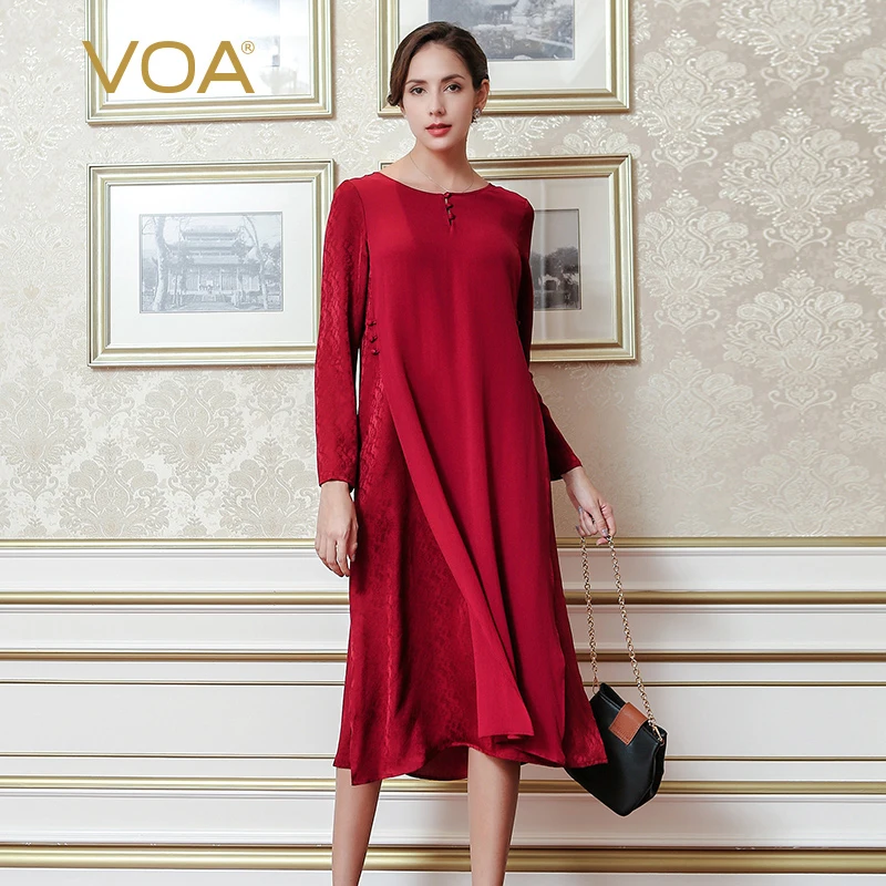 VOA Silk Jacquard Dress Women Midi Dresses Fall Long Sleeve Vintage ...