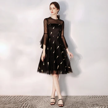 

2020 Black Embroidery Tulle Short Prom Dresses Knee Length Party Evening Dress LF429