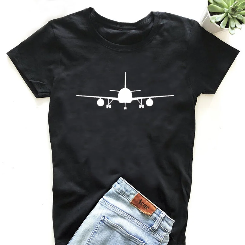 Tumblr летная Harajuku футболка самолет Графический Тройник женская одежда летние топы женские футболки с принтом для путешествий - Цвет: Черный