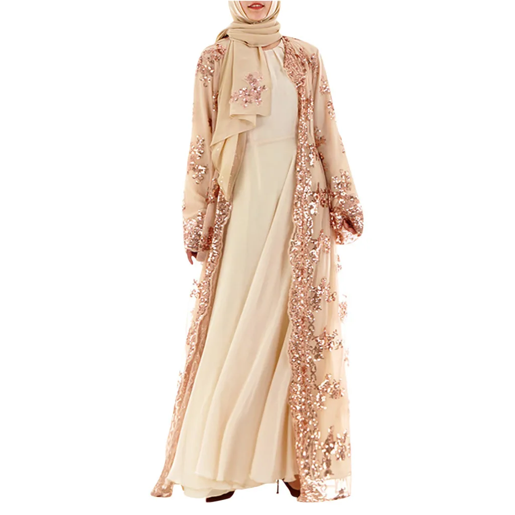 

KLV Muslim Dress Women Casual Lace Sequin Maxi Muslim Abaya Dresses Loose Robe Gowns Ramadan Middle East Arab Islamic Clothing