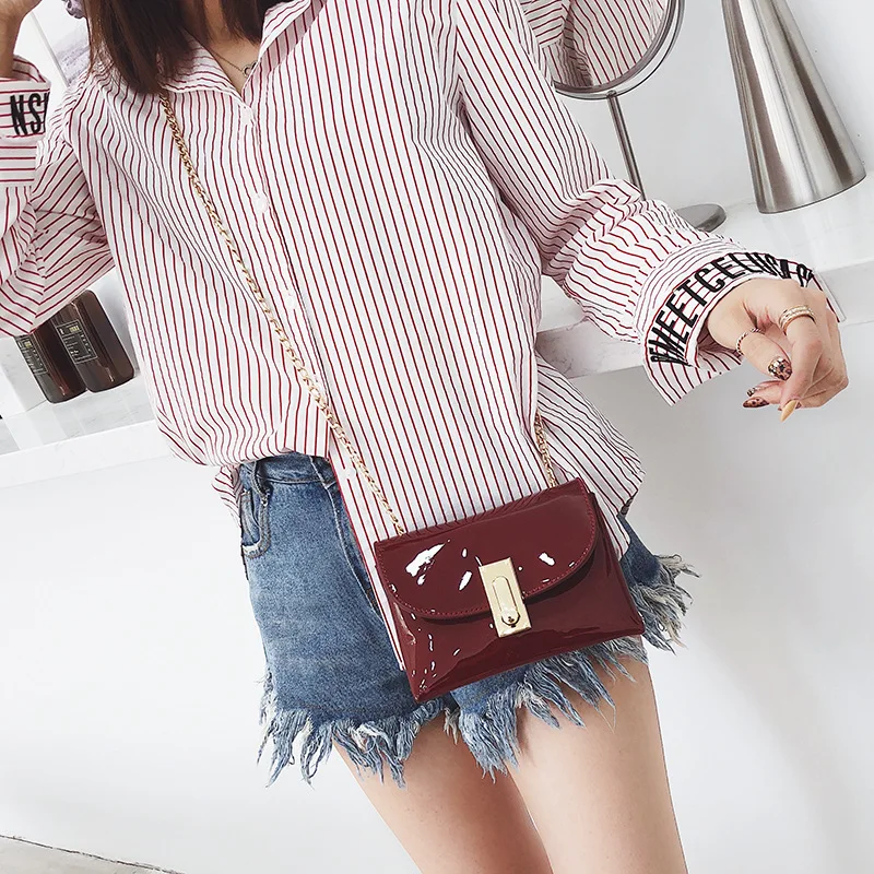 

New Lady Mini Fashion Bag Simple Patent Leather Solid Color All Match Chain Shoulder Bag Fashion Lady Crossbody Small Square Bag