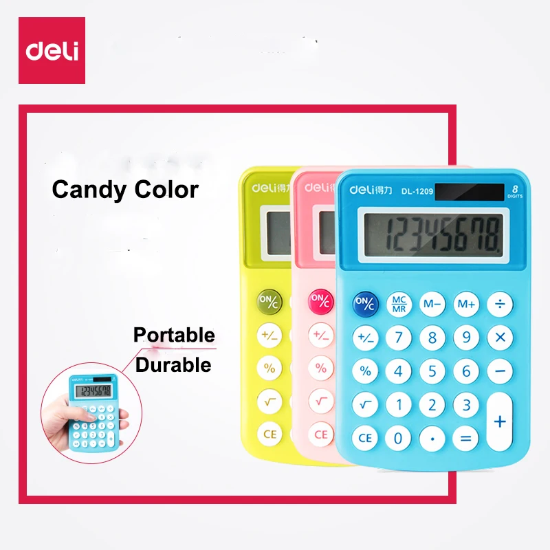 

Deli Candy Color Portable Calculator Plastic Button 8 digital Handheld Solor/Coin Battery Calculator Office Business Accounting
