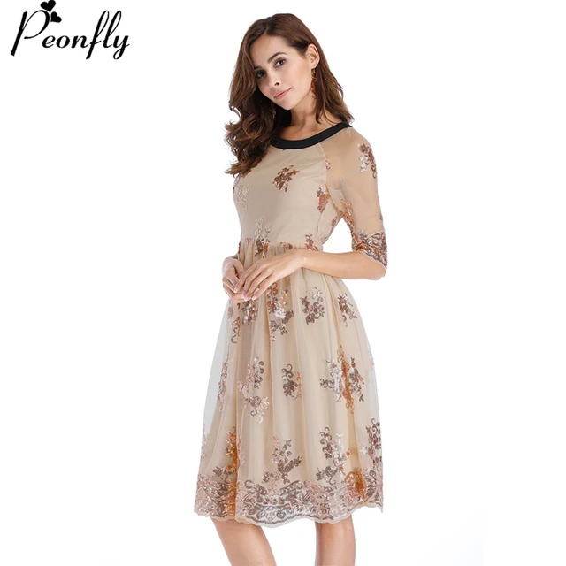 Peonfly O Neck Half Sleeve Sequin Dress Women Y Mesh Streetwear Peonfly O Neck Half Sleeve Sequin Dress Women Y Mesh Streetwear Casual Vintage Midi Party
