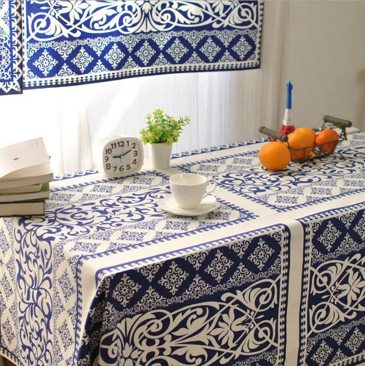 Blue And White Porcelain Tablecloth Linen Cotton Party Decoration