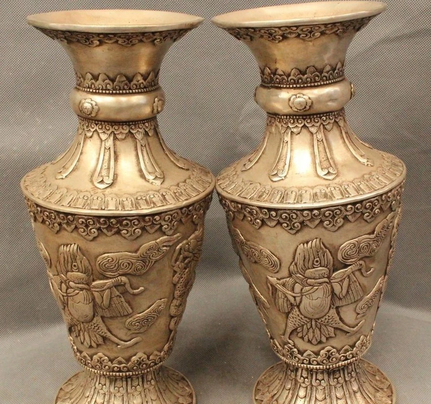 

11"China Chinese Dynasty Silver Lucky Fu Lu Shou Buddha Flower Bottle Vase Pair