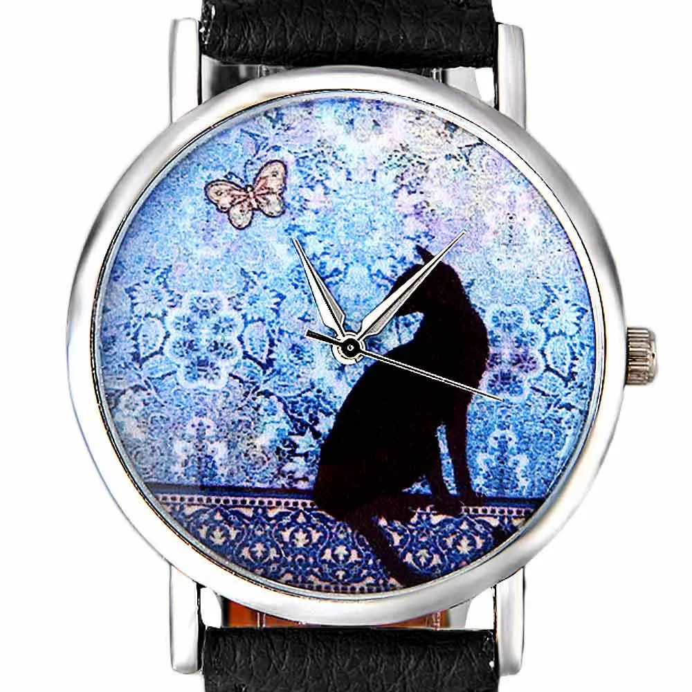 

2017 Watch Women Quartz Clock Women Brand Fashion Print Cat Pattern Charm Dress Wristwatch Womens Relogio Feminino Hot Sale 3*
