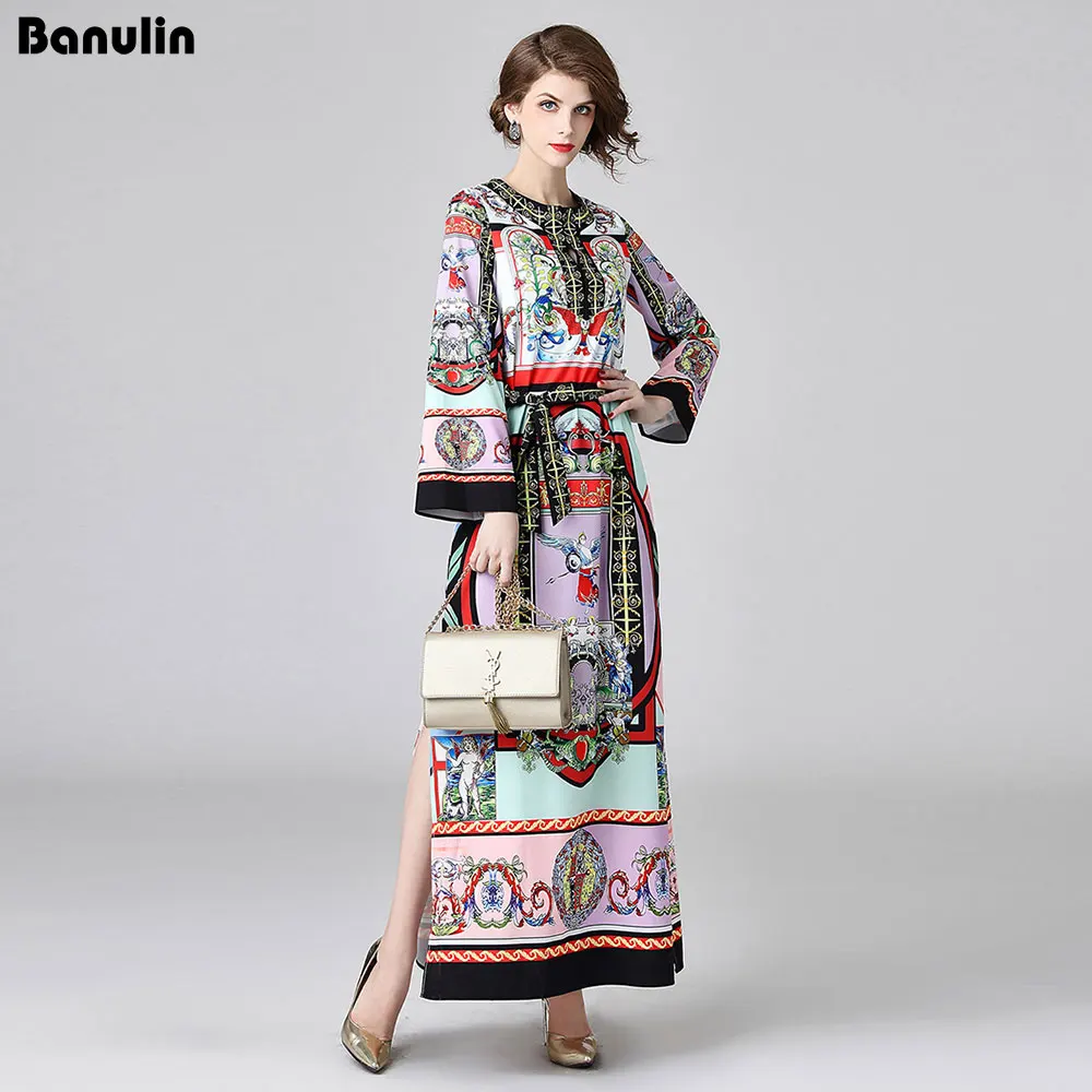 

Banulin autumn designer fashion runway maxi dress Women's long sleeve floral printing Vintage Loose Long dress 32L Plus Size