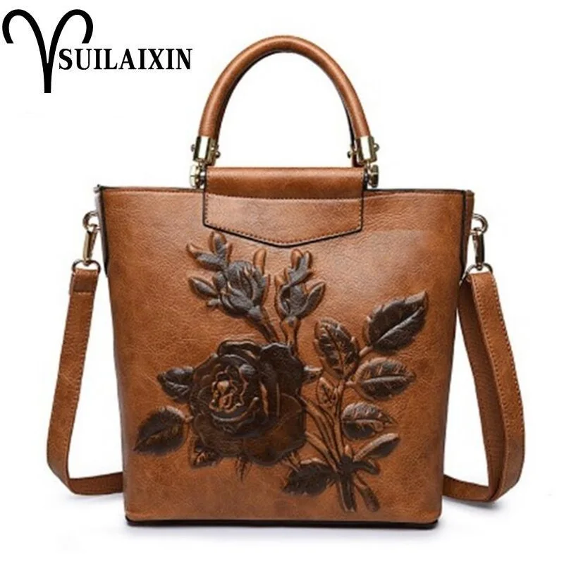 

Women Designer Leather Hobo Bucket Bags Large Embroidery Embossing Printing retro Floral Handbag Luxury Tote Bag High quality