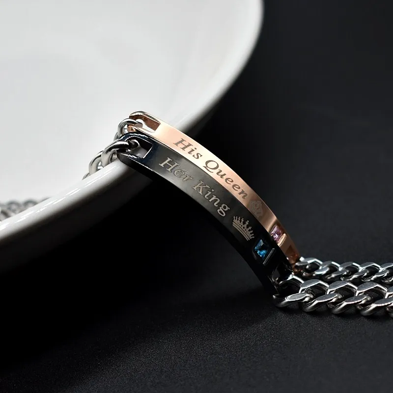 

Crown His Queen Her King Black Rose Gold Women's Male Chain Crystal Couple Bracelet for Men snap jewelry bracelet femme