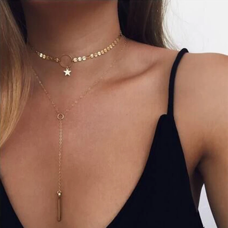 

European and American fashion accessories sexy simple street snap necklace handmade sequins star fringed clavicle circle hanging