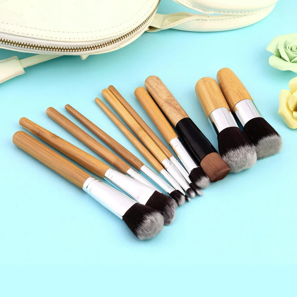 

High Quality 11pcs Bamboo Handle Foundation Blending Makeup Brushes Set + Flat Angled Brush
