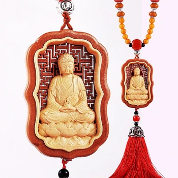

Chinese Shakyamuni Buddha Hollow Out Inlay Wood Carved Statue Amulet Car Pendant
