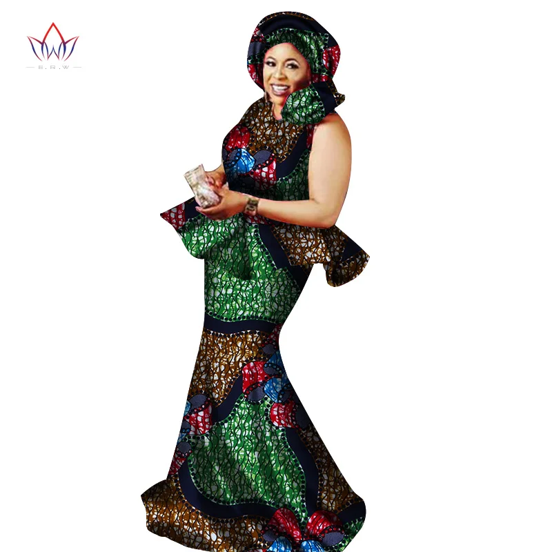 

2018 Private Custom African Dress Bazin Riche Women Dress Suit Short Sleeve Tops and Long Print Skirt Large Size M-6XL WY2724