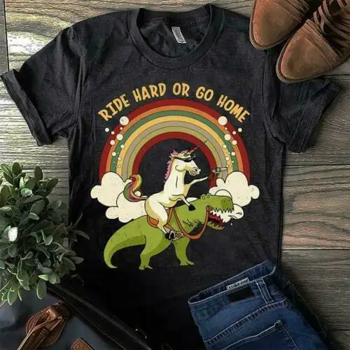 

Unicorn And Dinosaur Ride Hard Or Go Home Men T Shirt Black Cotton S 4Xl