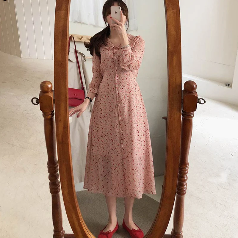 

BGTEEVER Vintage Single-breasted Floral Print Women A-line Dress Ruffled Collar Lace Up Chiffon Female Dresses Vestidos Summer