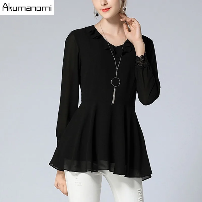 

Autumn Winter Chiffon Blouses Black Ruffles V-neck Full Sleeve Lace Cuffs Women's Clothes Spring A-line Tops Shirt Plus Size 5XL