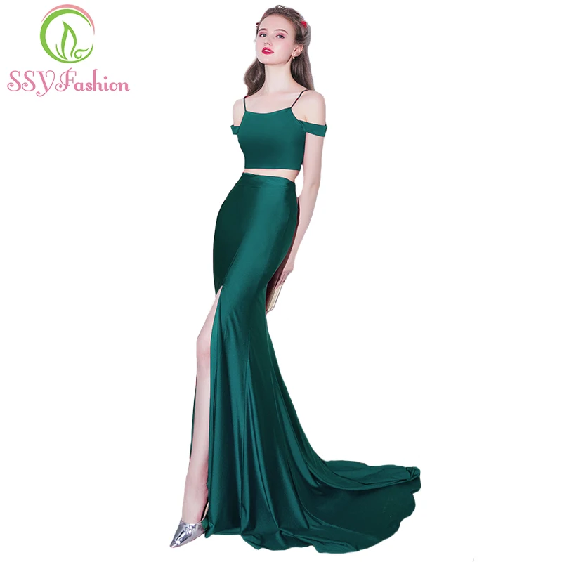 

SSYFashion New Evening Dress Sexy Slim Fishtail Green Sweep Train Two Pieces Simple Satin Mermaid High Split Prom Party Gowns