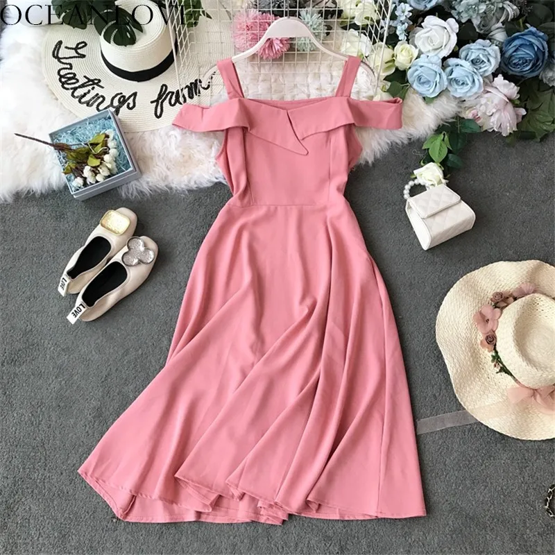 

OCEANLOVE Elegant Solid Party Dress Off Shoulder Vestidos High Waist Robe Femme Slash Neck Sexy A-line Summer Dress Women 11914