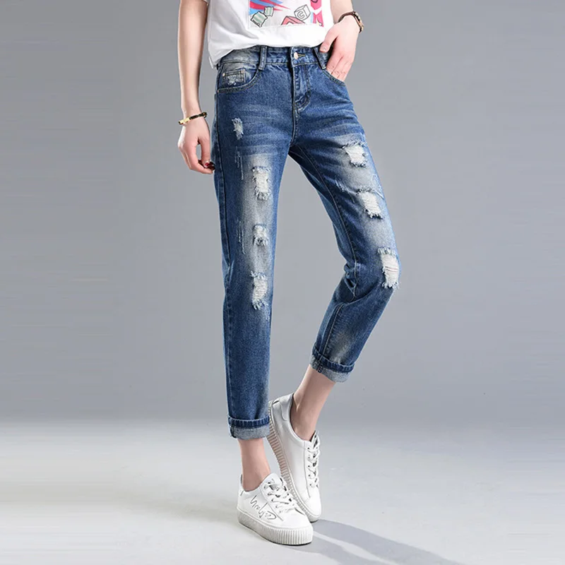 Модные джинсовые штаны-шаровары, рваные джинсы для женщин, женские джинсы с дырками, 36~ 34, большие размеры, Vaqueros, джинсовые брюки с карманами, Pantalon