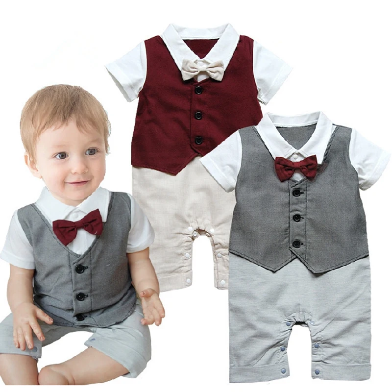 Newborn Clothes Summer Baby Boy Rompers Gentleman Bebes Short Sleeve Romper with Bow Tie