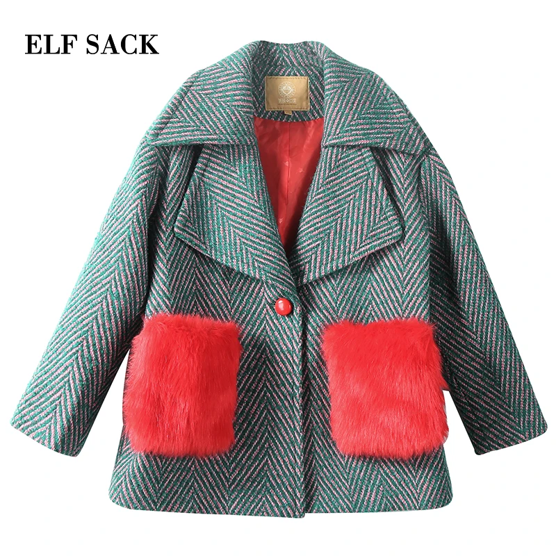 ELF saco 35.8% abrigos de lana de las mujeres de invierno piel roja bolsillos recto abrigos Oversize cuello de rayas gruesas de lana abrigos - 6