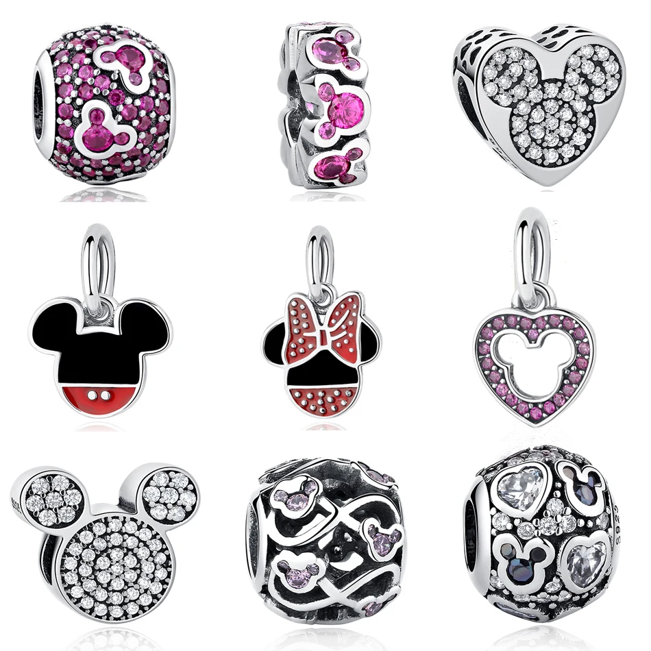 

Authentic 925 Sterling Silver Beads Charms Crystal Enamel Bow Minnie Heart Charm Fit Pandora Bracelet DIY Jewelry Making
