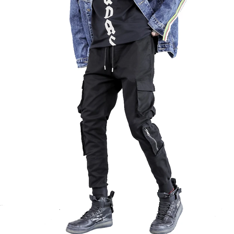 Новинка, черные штаны-шаровары в стиле хип-хоп, панк, на молнии, с лентами, корейские мужские облегающие эластичные штаны для бега, уличная одежда, прямые поставки ABZ161