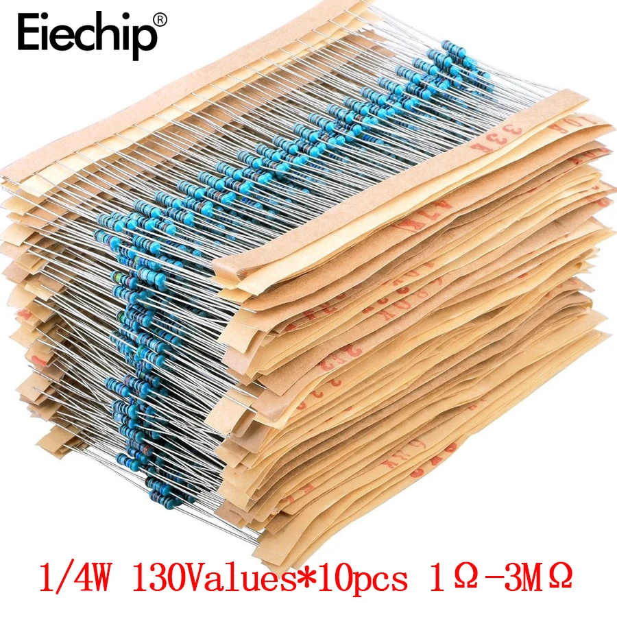 

1300pcs 1/4w 1% 130 Values*10pcs 1ohm-3M ohm Resistors Kit Metal Film Resistor Package Total RoHS New Electric Unit samples